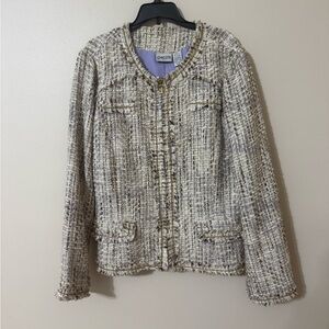 Chico's  Size 1 Tweed Blazer  Beige Gold Metallic Lady Jacket with pockets EUC
